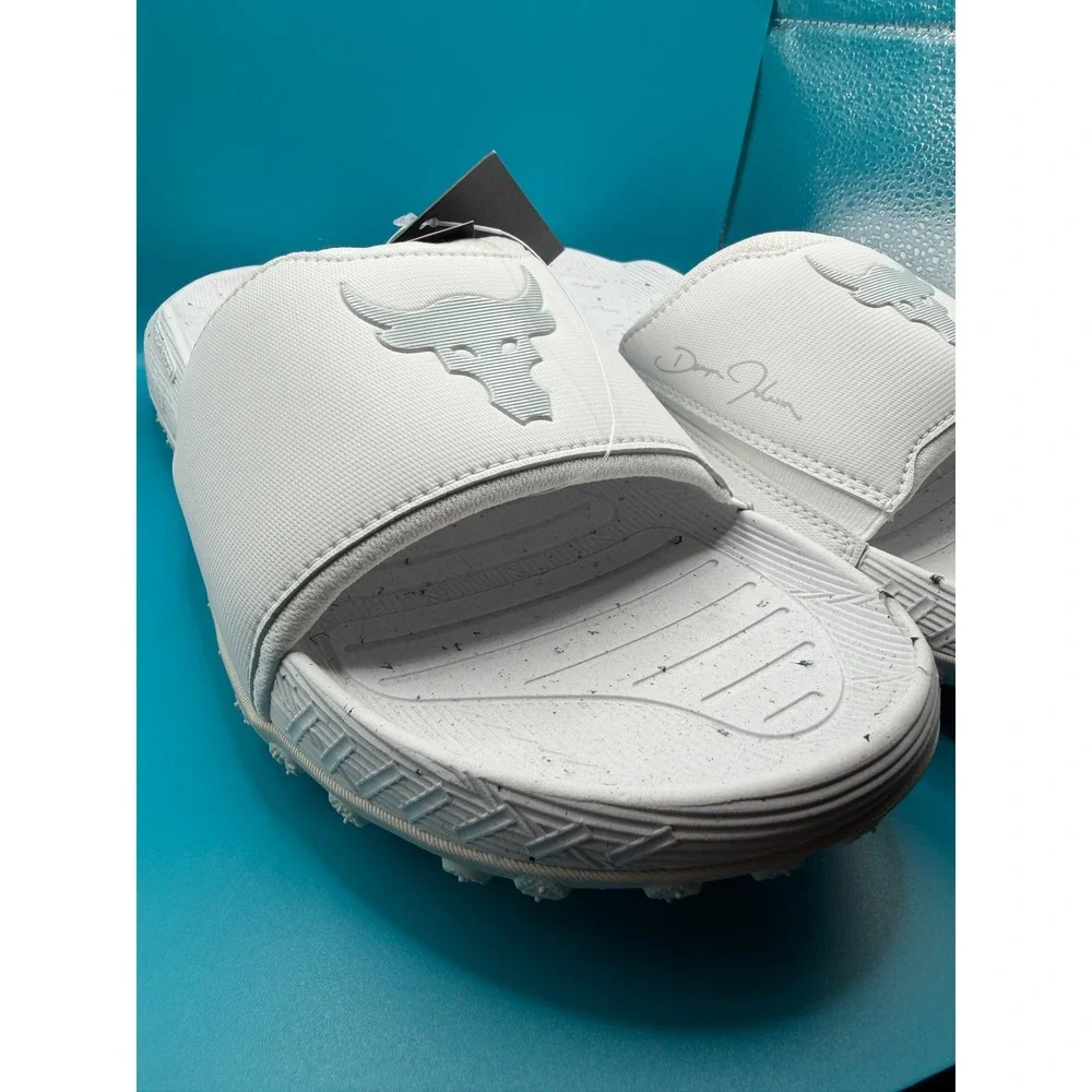 Under Armour Project Rock 3 SL Slides White Speckle Mens 11 3026034-100 NWT
